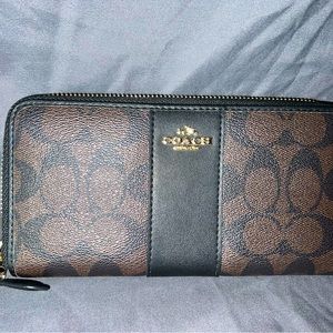 Coach Accordion Zip Wallet in chocolate and black